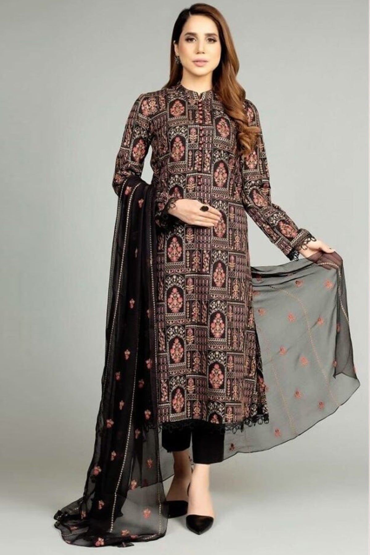 Bareeze Embroidered Lawn 3pc with Bamber Chiffon dupatta- SB1706