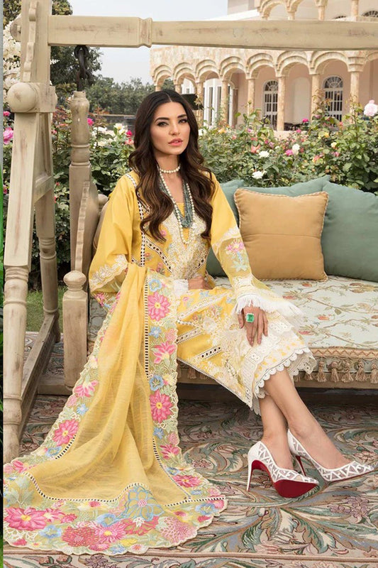 Bareeze Yellow Embroidered Lawn 3pc with Embroidered Slub Net dupatta-SB2020