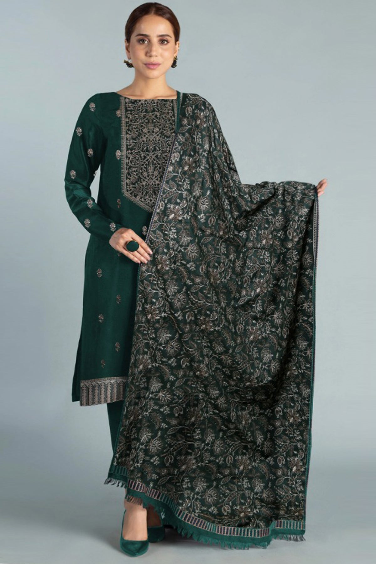Bareeze 3PC Embroidered Dhanak Suit with Heavy Embroidered Shawal - SB102127