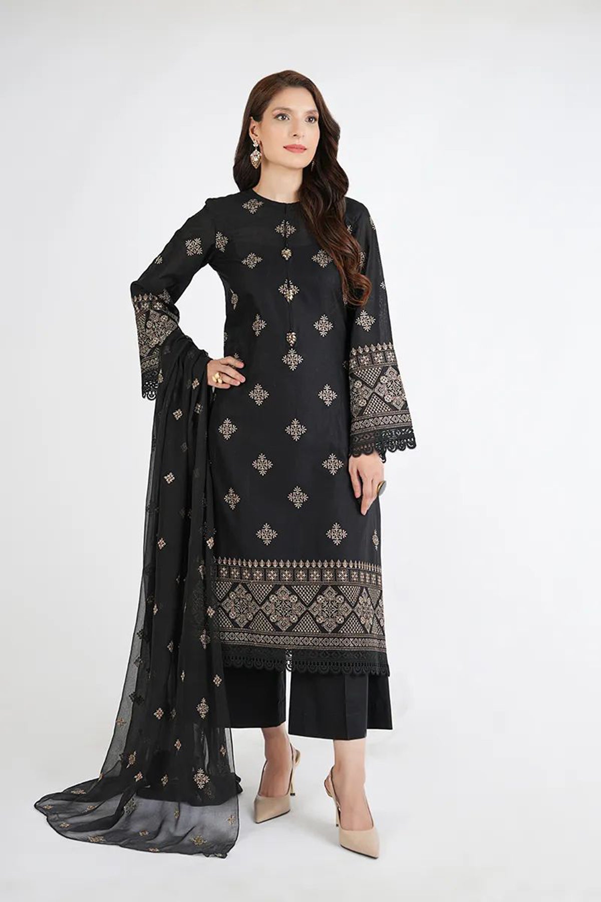 Bareeze 3PC Embroidered karandi Suit with Embroidered Shwal - SB2075