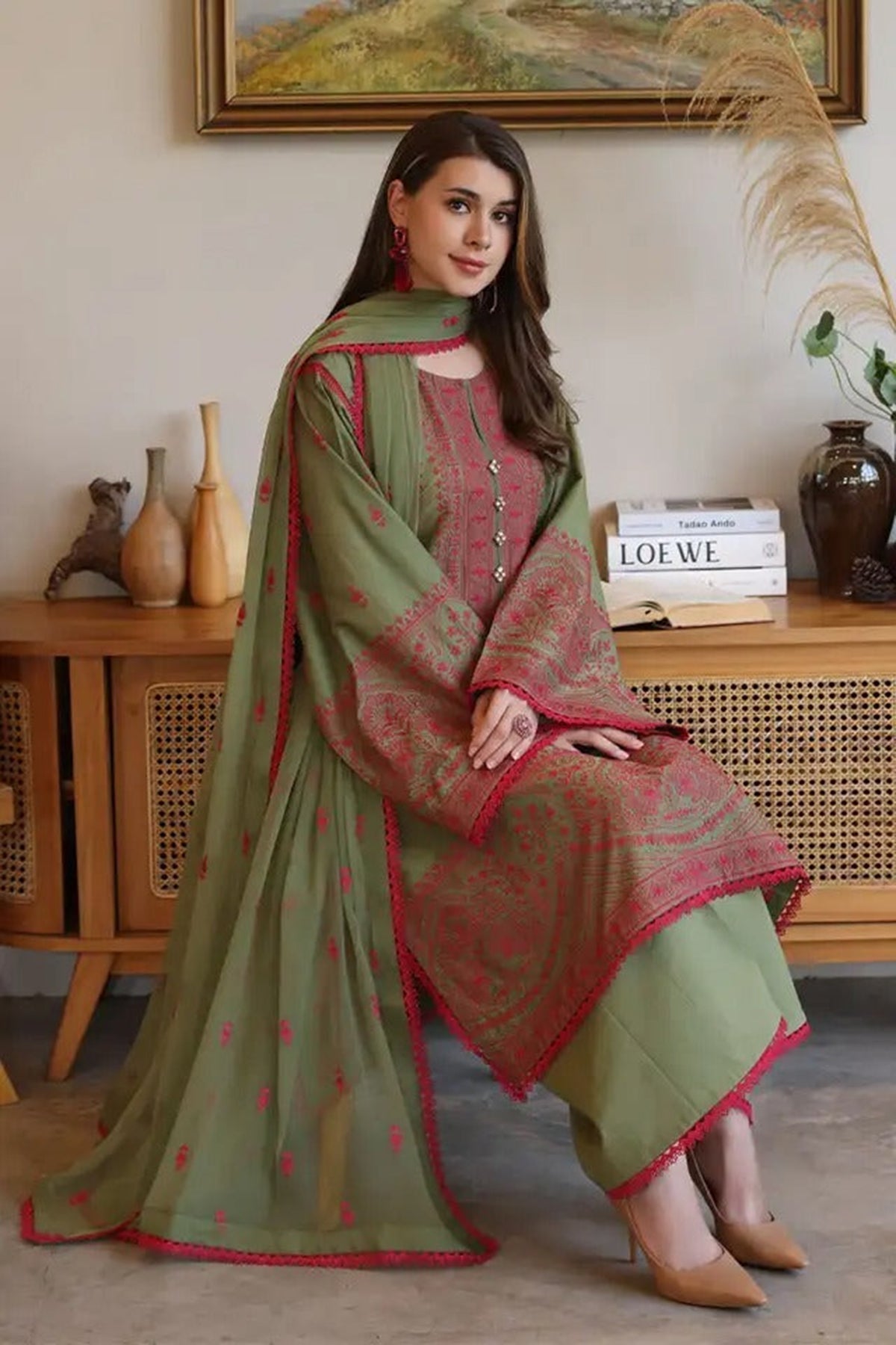 Bareeze Embroidered Lawn 3pc with Embroidered Chiffon Dupatta- SB2023